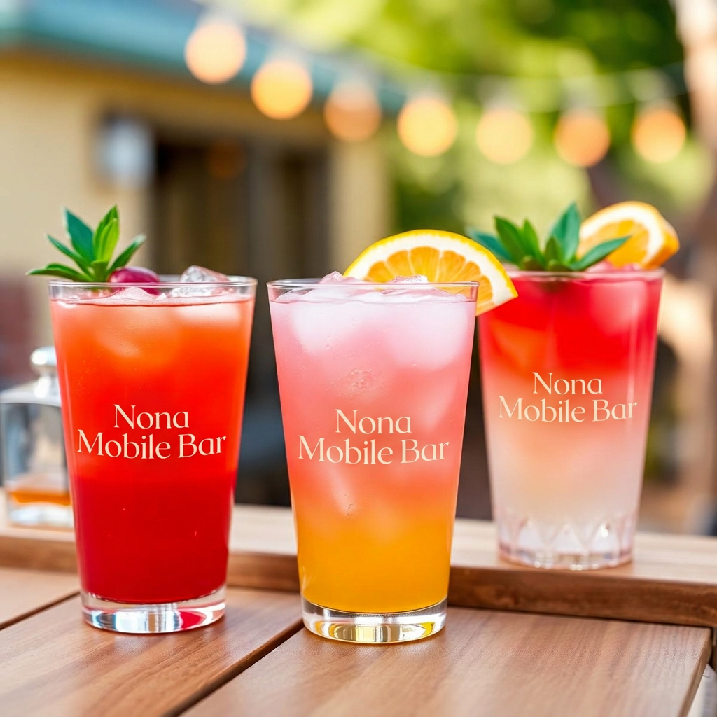 Three colorful drinks in branded plastic cups on a bar top at a backyard party