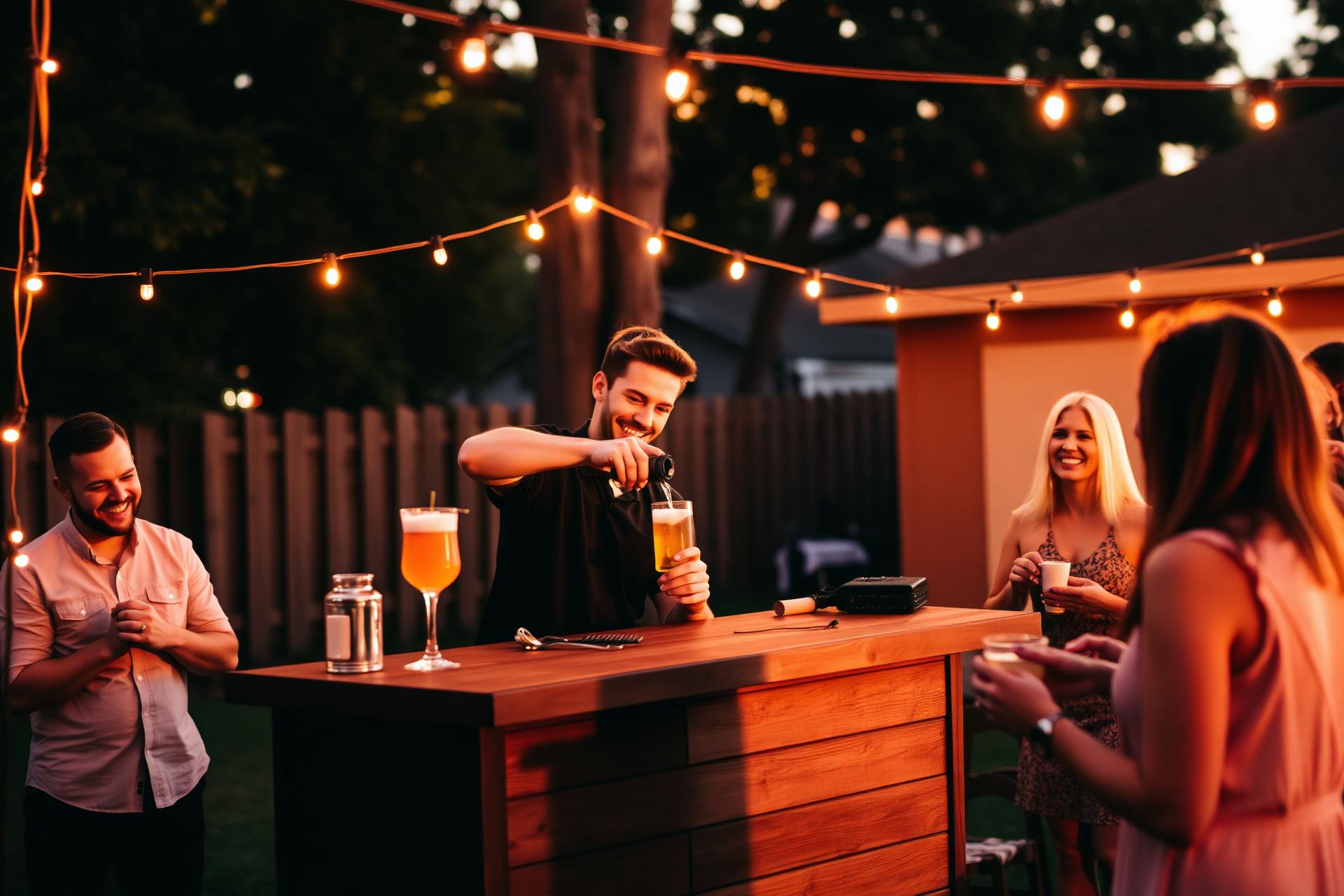 Bartender making a drink behind the Nona Mobile Bar setup at an evening event